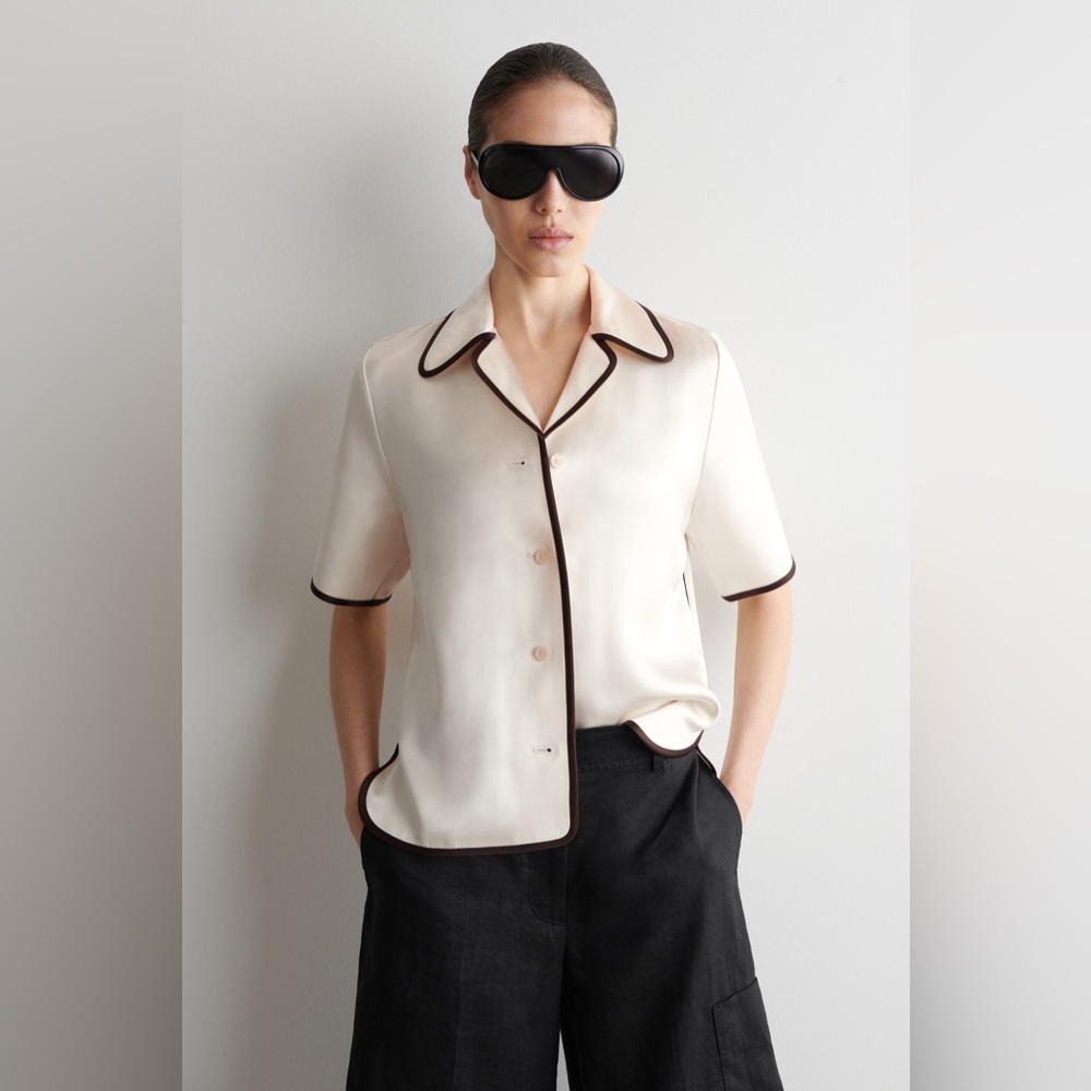NWT COS Contrast-Piped Satin Shirt in Cream/Brown